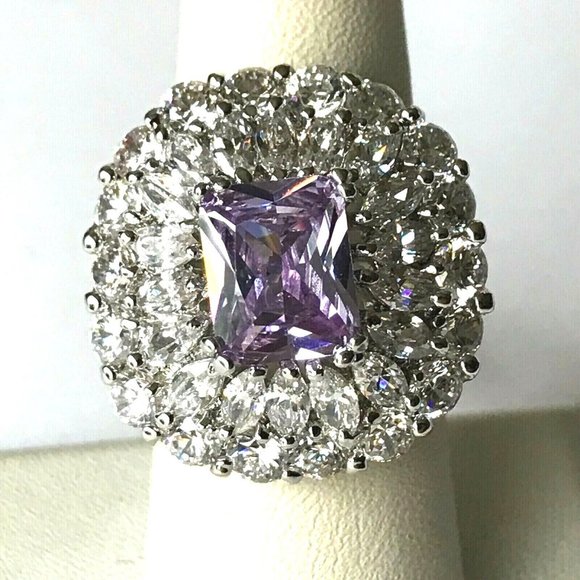 Vintage Art Deco Purple CZ Cocktail Ring Size 7 Camilla Lucia Silver Plated - Picture 10 of 12
